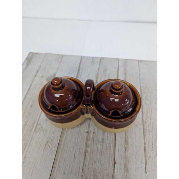 Vintage Brown Glazed Stoneware Double Condiment Sauce Pot With Lids Taiwan - Picture 4 of 10